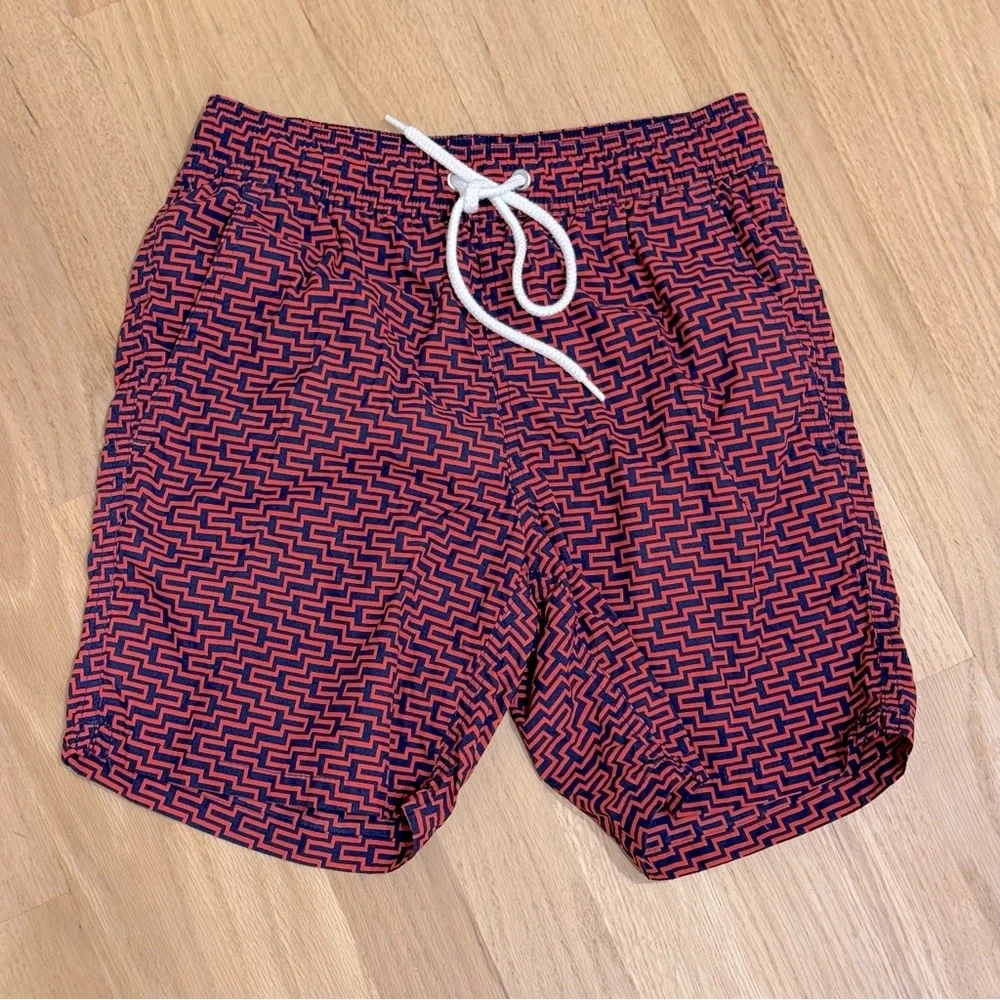 J. Crew Men's Swim Trunk Red Geometric Print Mesh Lined  Size XS